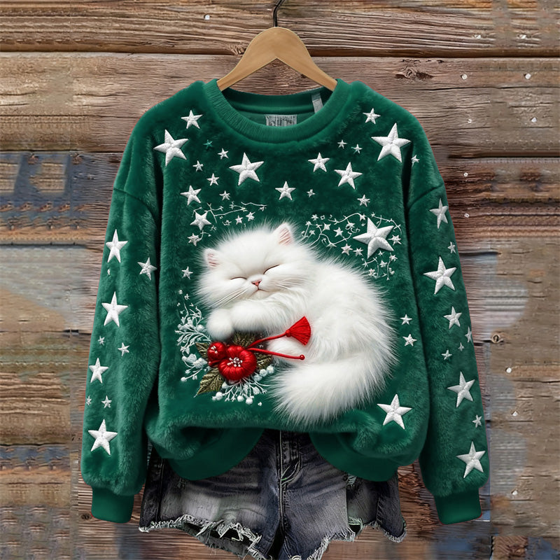 Christmas Sleeping Fuzzy Cat Stars Embroidered Cozy Plush Sweatshirt elevenforest