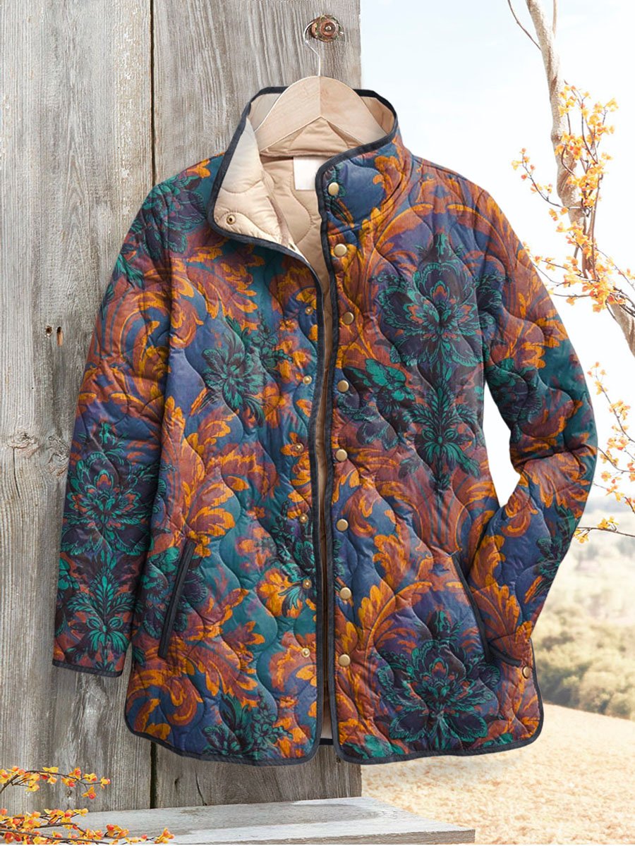 Women's Vintage Floral Art Print Casual Quilted Cardigan