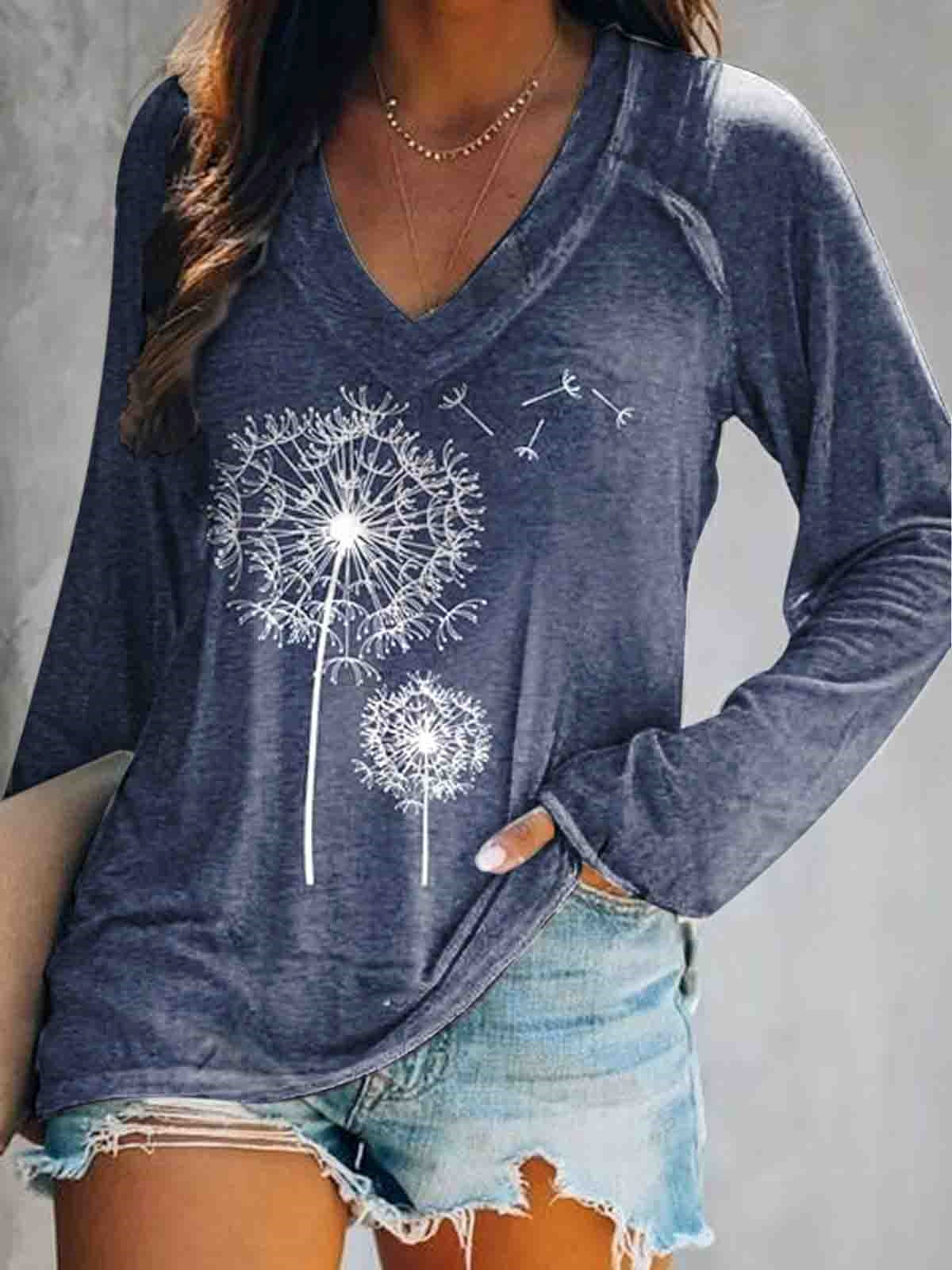 Women's Dandelion Art Print V-Neck Long Sleeve Top