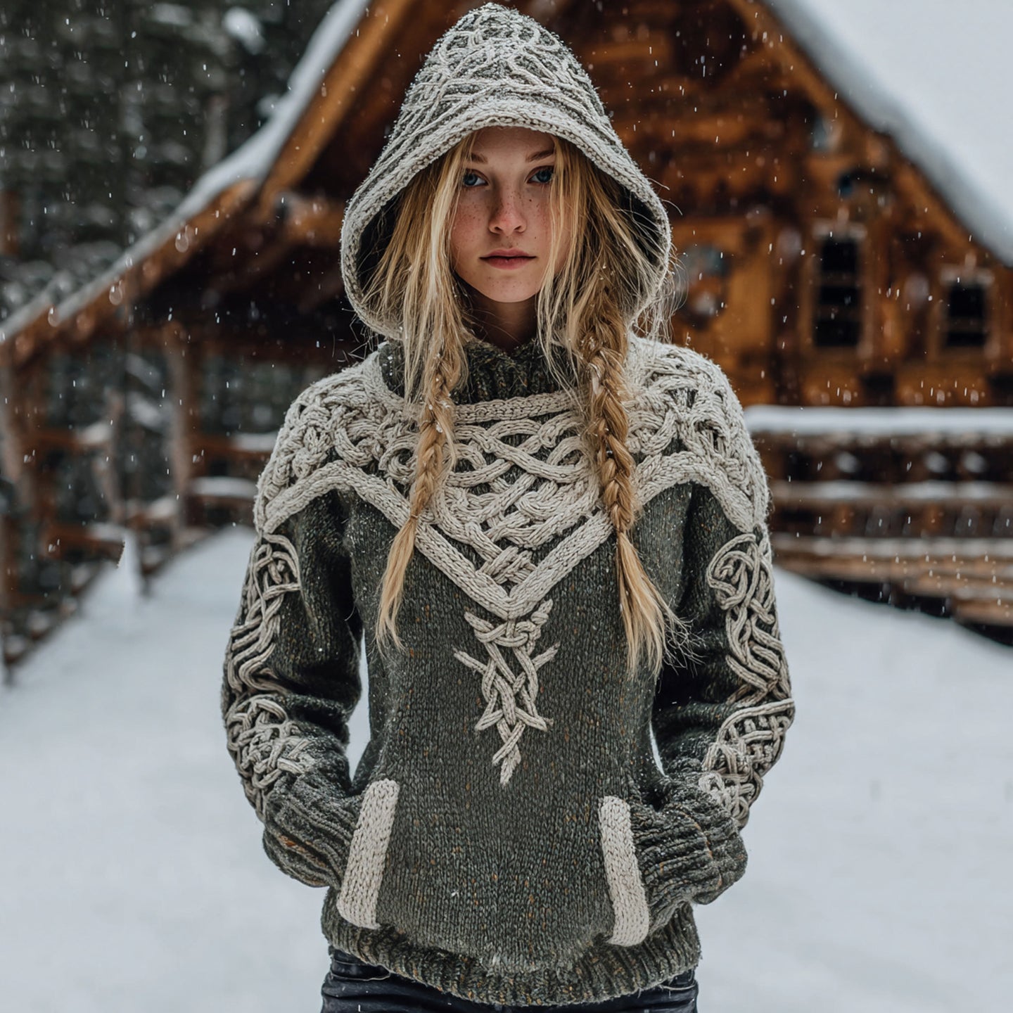 Women‘s Vintage Viking Celtic Knot Art Pattern Cozy Knit Hooded Sweater elevenforest