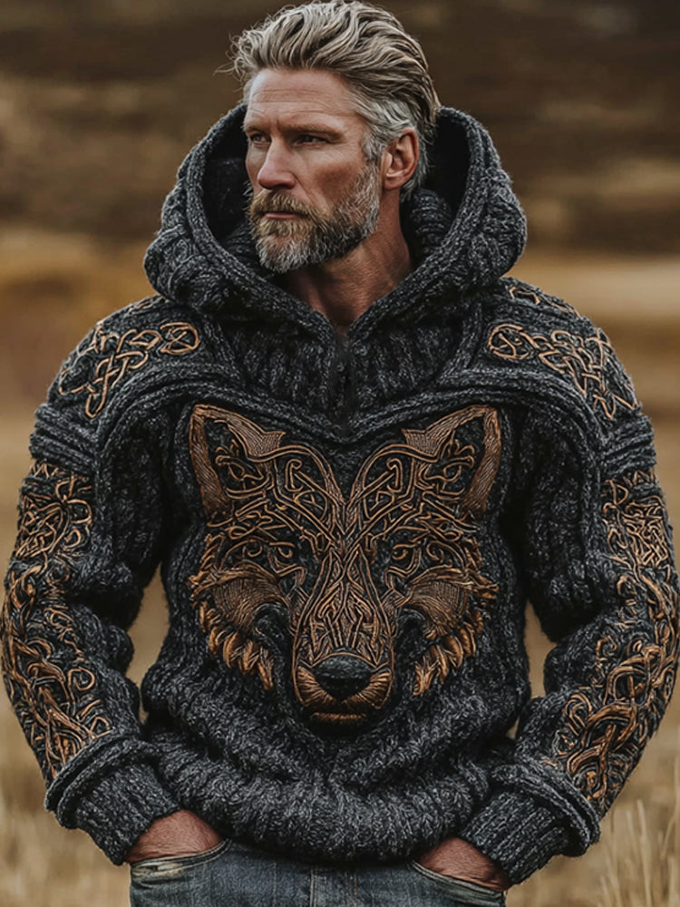 Men's Viking Retro Wolf Head Celtic Knot Embroidery Linen Grey Hoodie Sweater elevenforest