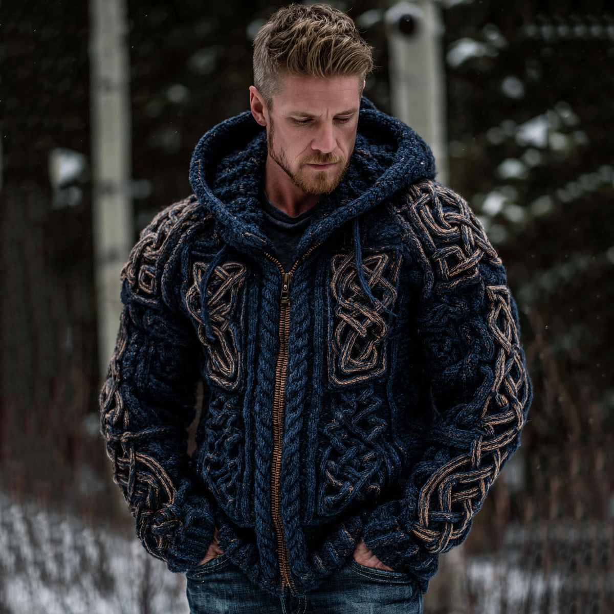 Men's Vintage Viking Celtic Knot Art Zip Cozy Hooded Cardigan elevenforest