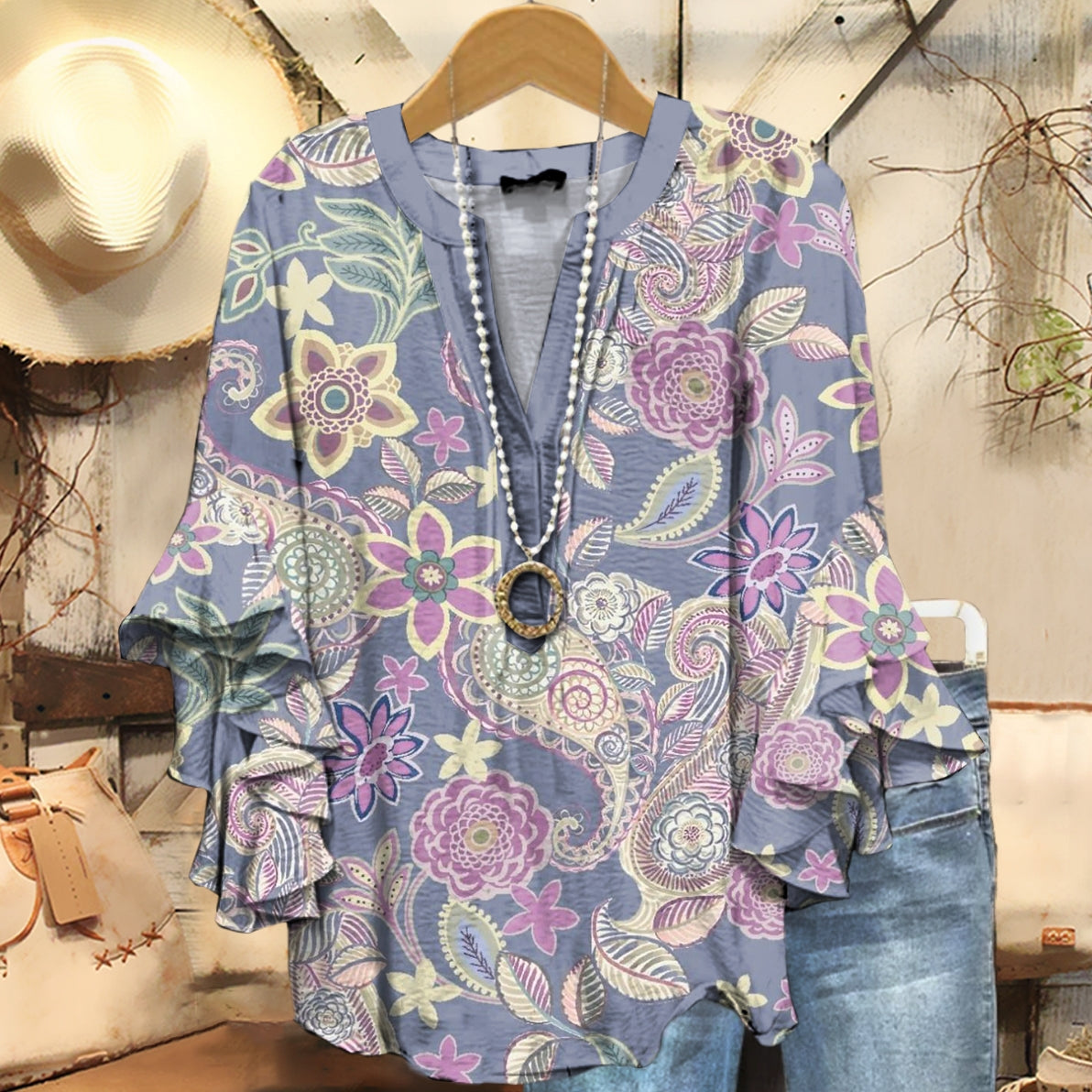 Women's Ethnic Paisley Floral Art Print Casual Ruffle Sleeve Top