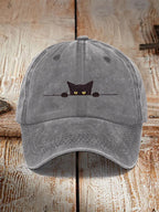 Japanese Art Black Cat Print Washed Hat elevenforest