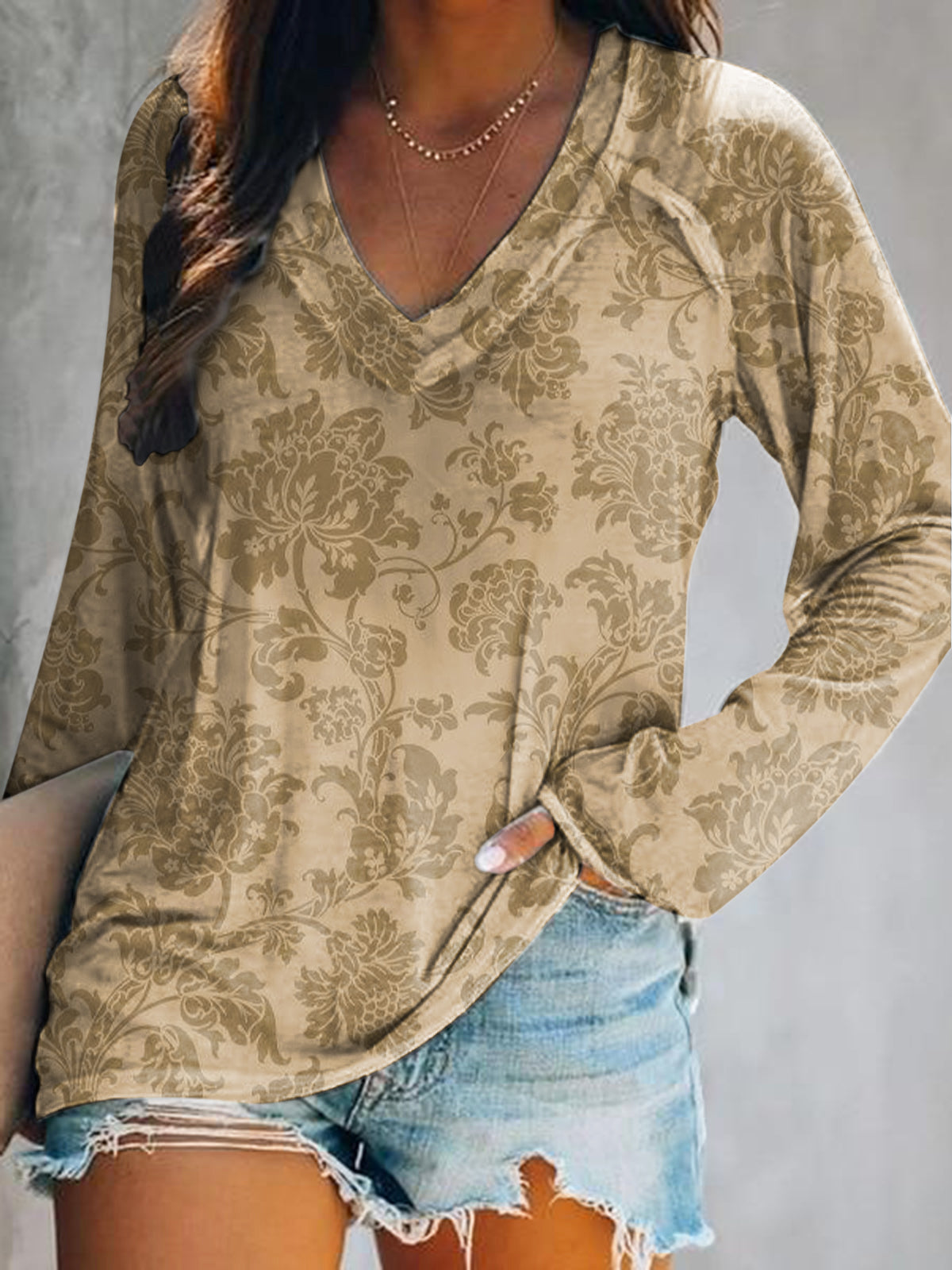 Women's Casual Vintage Floral Texture Art Print V Neck Long Sleeve Top