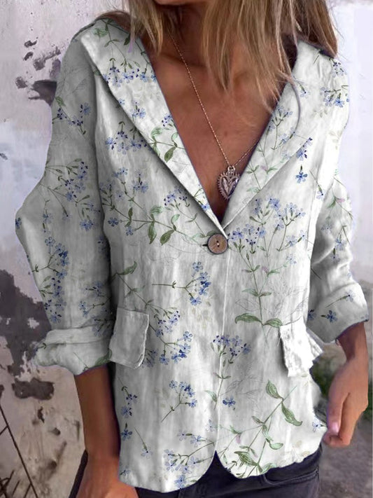 Women's Blue Floral Print On White Background Print Linen And Cotton Pocket Coat