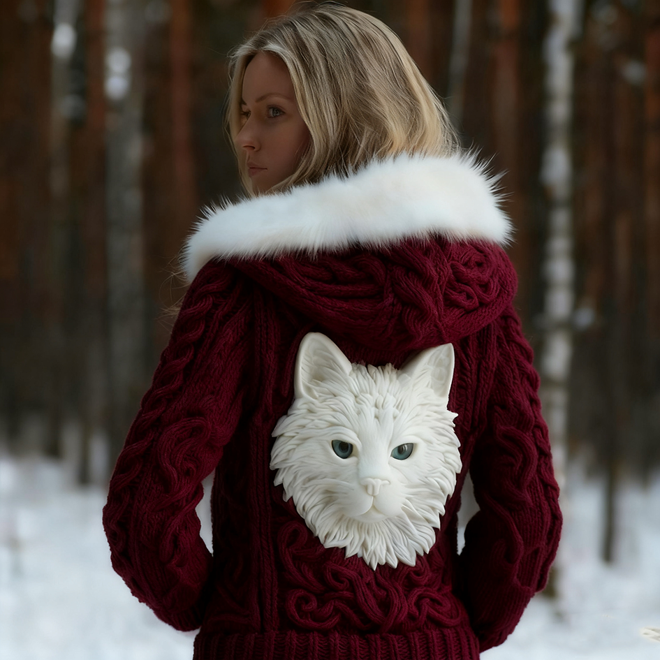 Viking Retro Cat Design Women's Hooded Knit Sweater Jacket elevenforest