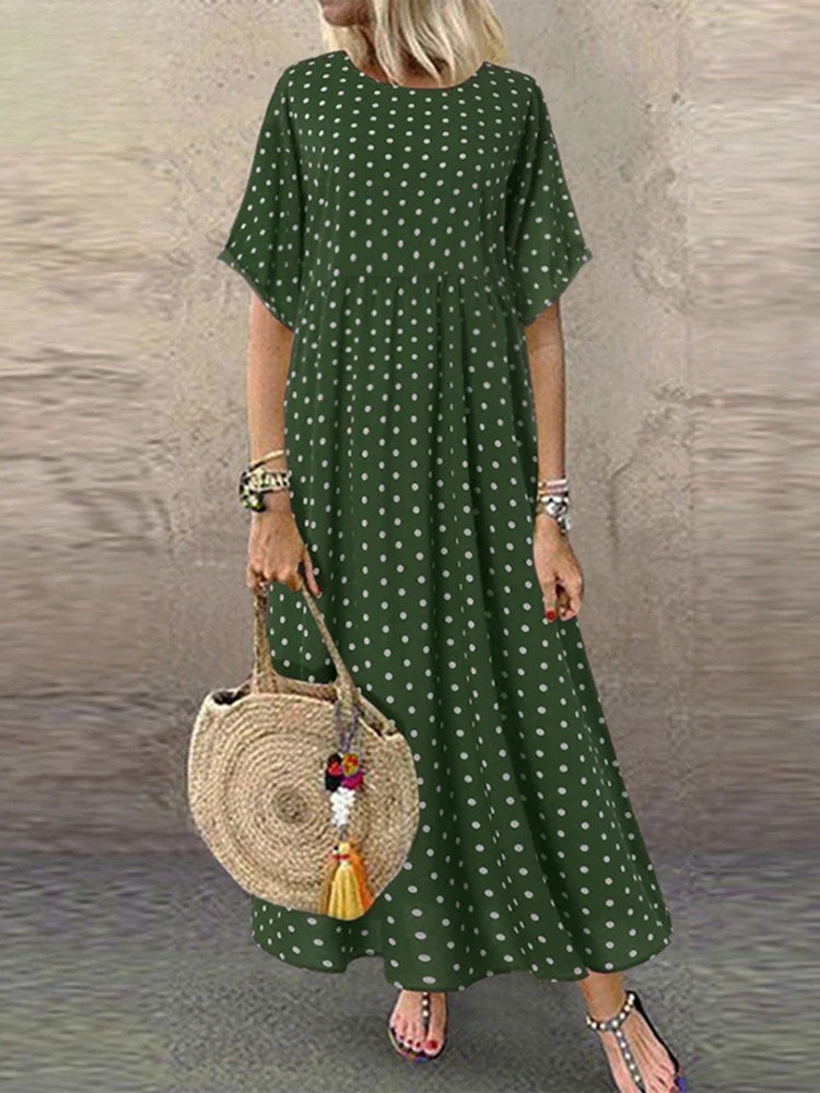 ER | Polka Dot Ladies Midi Dress Bohemian Holiday Manica corta O-Neck Long Robe Vintage Loose Casual A-line Vestidos Summer