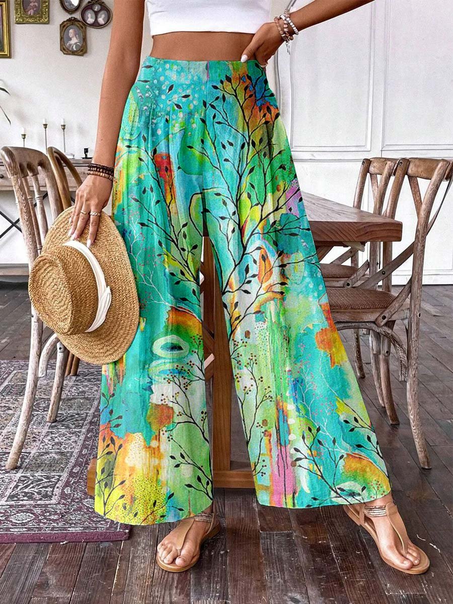 Women's Elegant Color Gradient Art Floral Pattern Wide Leg Pants