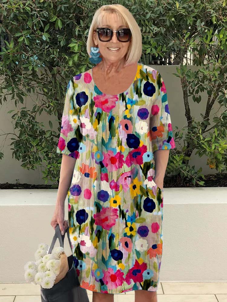 Vintage Floral Print Pocket Belted Midi Dress