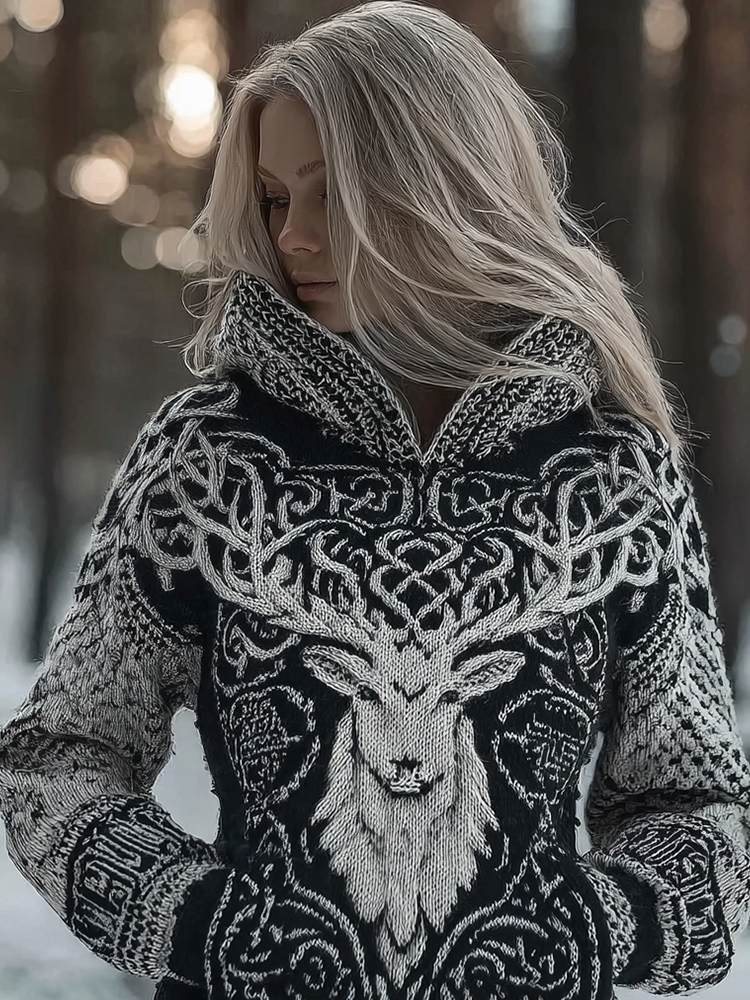 Vintage Viking Celtic Style Deer Pattern Women's Hooded Sweater elevenforest