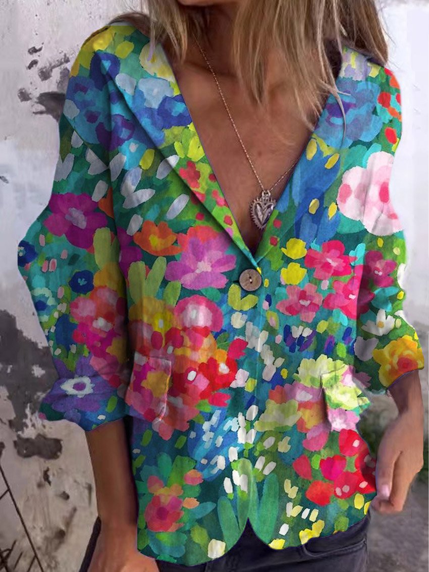 Women's Vintage Floral Art Print Casual Linen And Cotton Pocket Coat