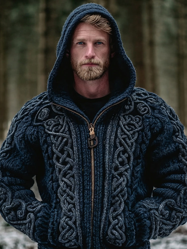 Men's Viking Celtic Knot Chunky Knit Hooded Cardigan elevenforest