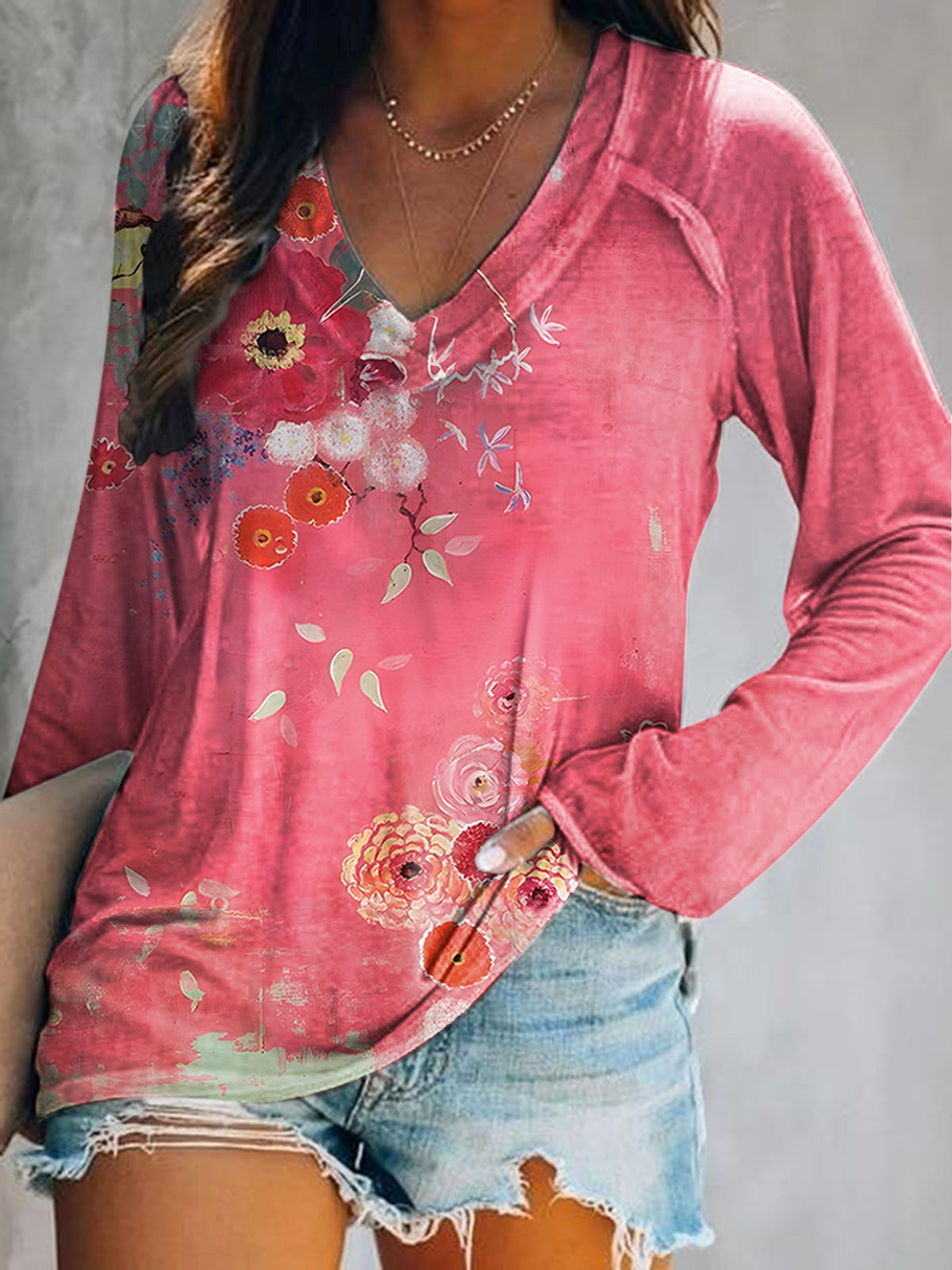Women's Floral Art Print V-Neck Long Sleeve Top