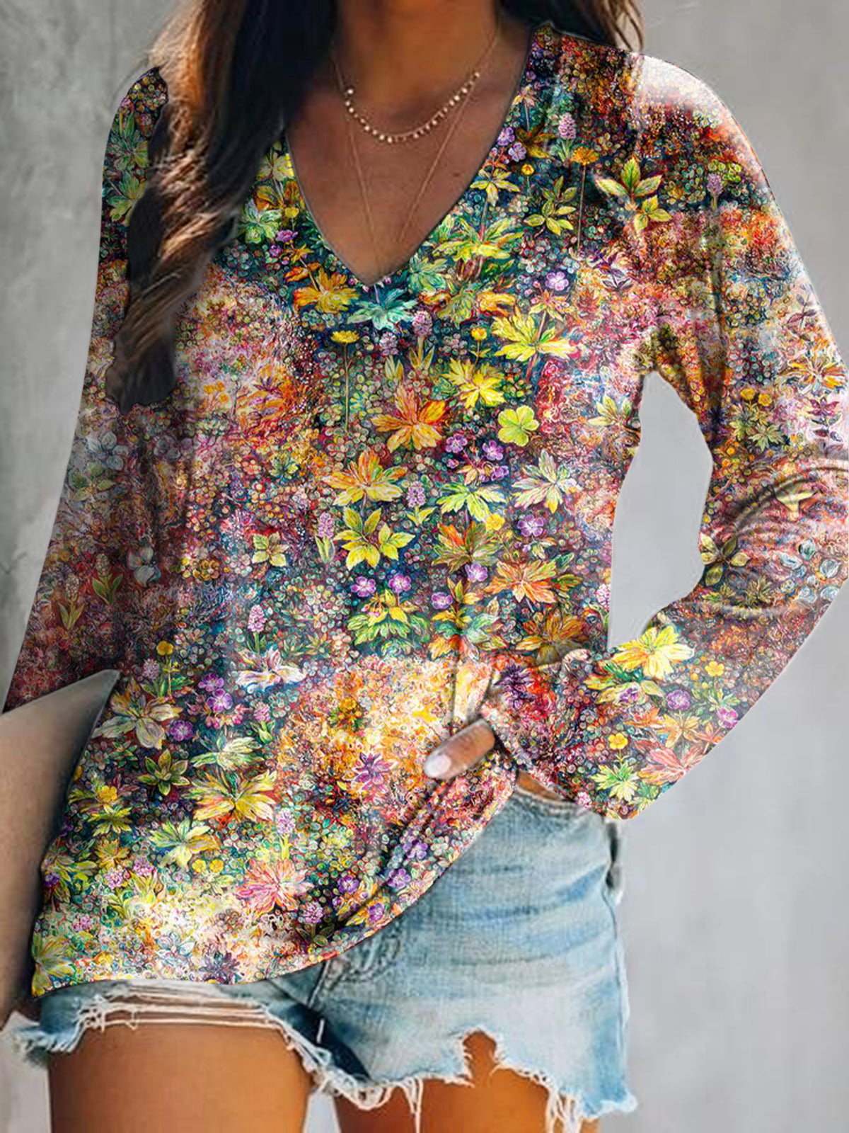 Women's Casual Vintage Floral Art Print V Neck Long Sleeve Tops