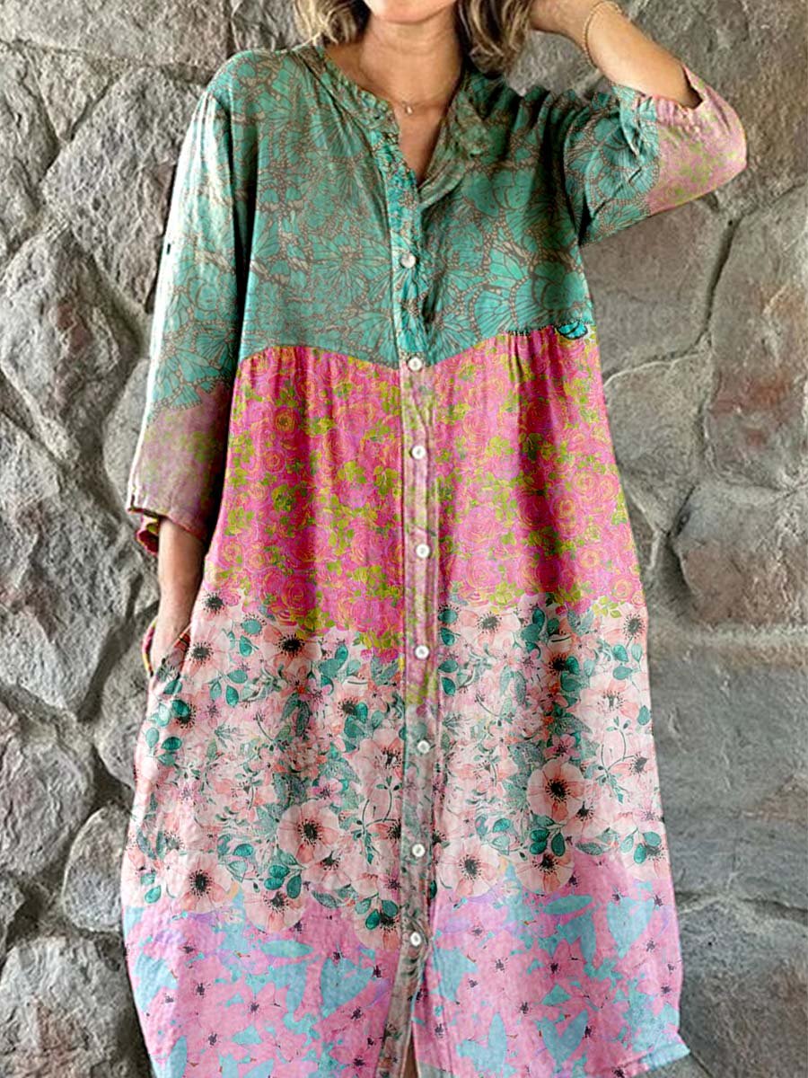 Women's Elegant Vintage Floral Print Shirt Style Cotton and Linen Dres