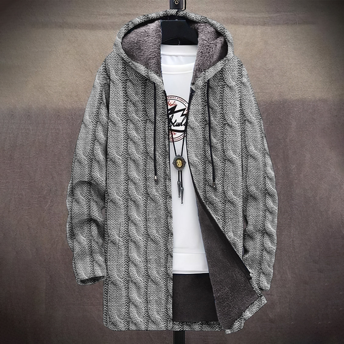 Men's Vintage Knitted Pattern Comfortable Plush Hooded Coat artswardrobe