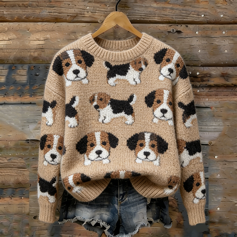 Retro Cute Puppy Pattern Round Neck Sweater elevenforest