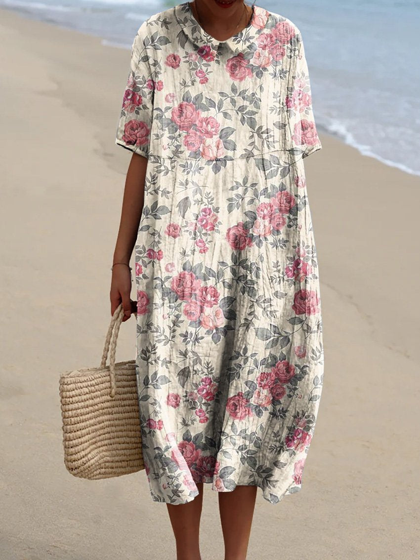 Vintage Style Pink Rose Pattern Printed Women's Pocket Linen Dress (Co