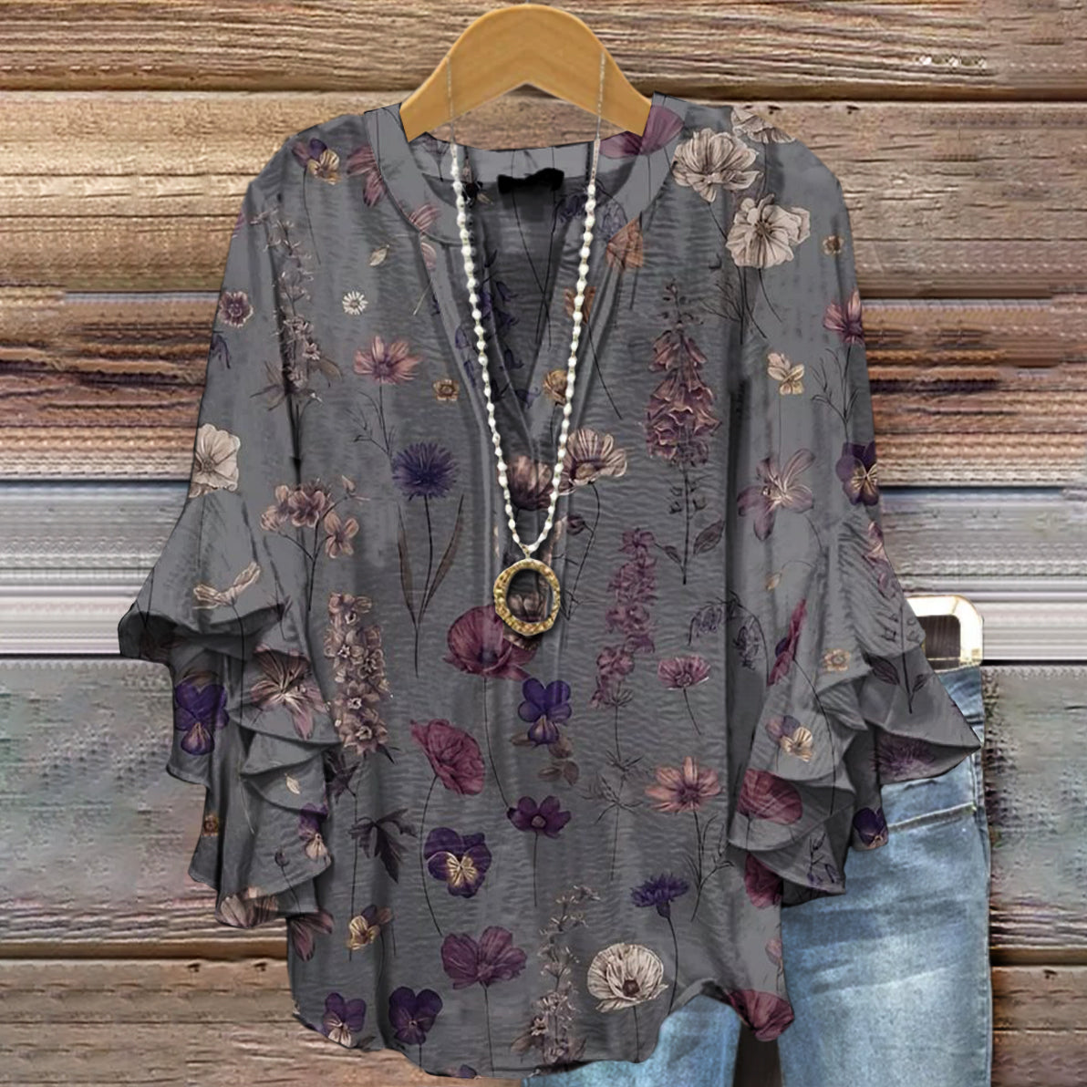 Women's Artistic Floral Vintage Print V-Neck Ruffled Top