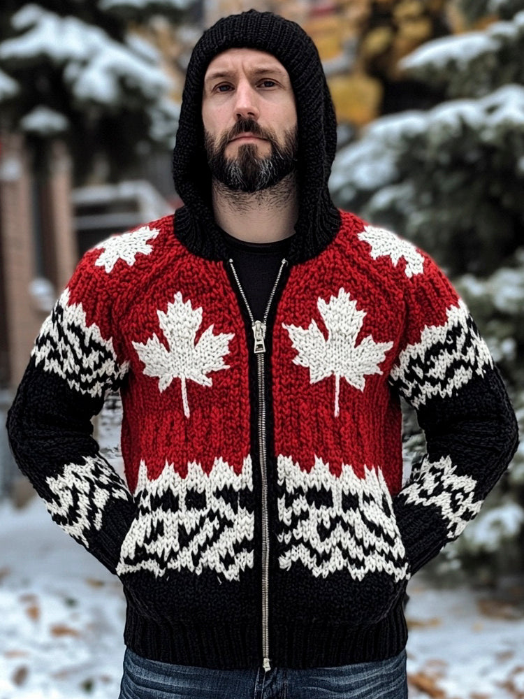 Maple Leaf Knit Pattern Men's Zipper Hooded Sweater elevenforest