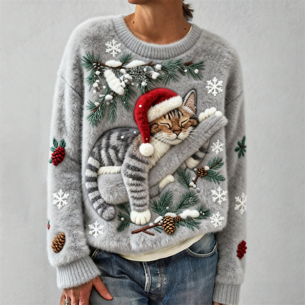 Christmas Lazy Cat Women's Cozy Plush Sweater elevenforest