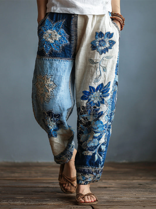 Boho Threaded Floral Geometric Patchwork Embroidered Women's Vintage Linen Trousers elevenforest