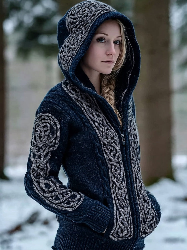 Vintage Viking Celtic Knot Chunky Knit Hooded Cardigan elevenforest