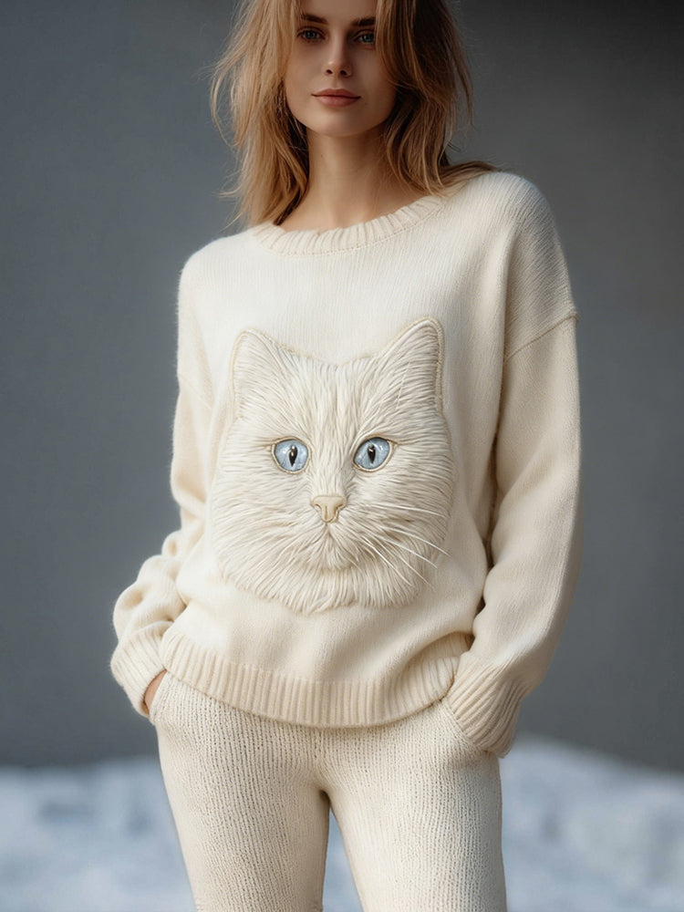 Cute Cat Face Art Round Neck Cozy Knit Sweater elevenforest