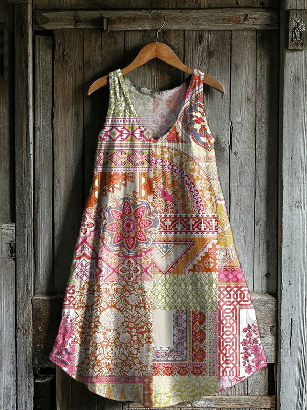 Women's Floral Embellished Pattern Art Print V-Neck Pocket Cotton Dres