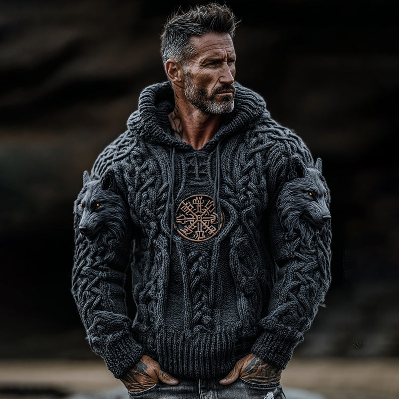 Men's Viking Vegvisir Wolf Celtic Jacquard Knitted Hooded Sweater elevenforest