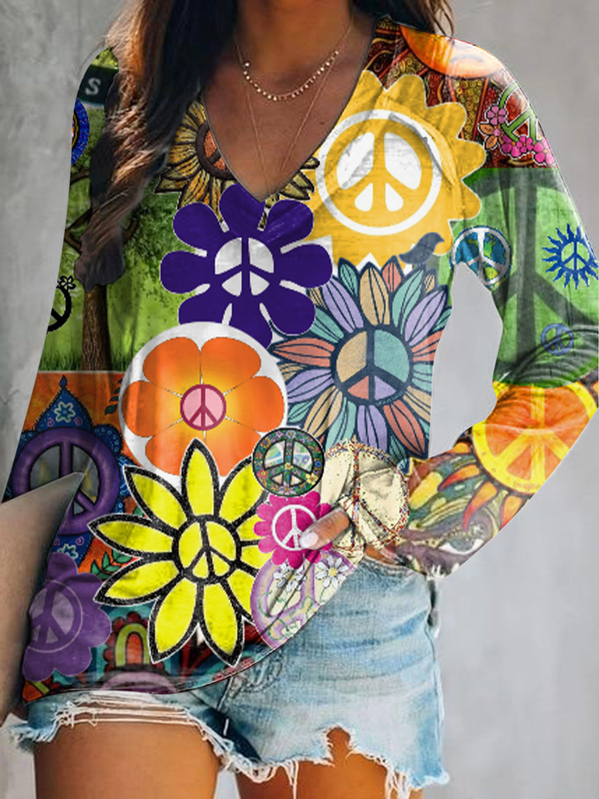 Women's Casual Hippie Art Print V Neck Long Sleeve Tops