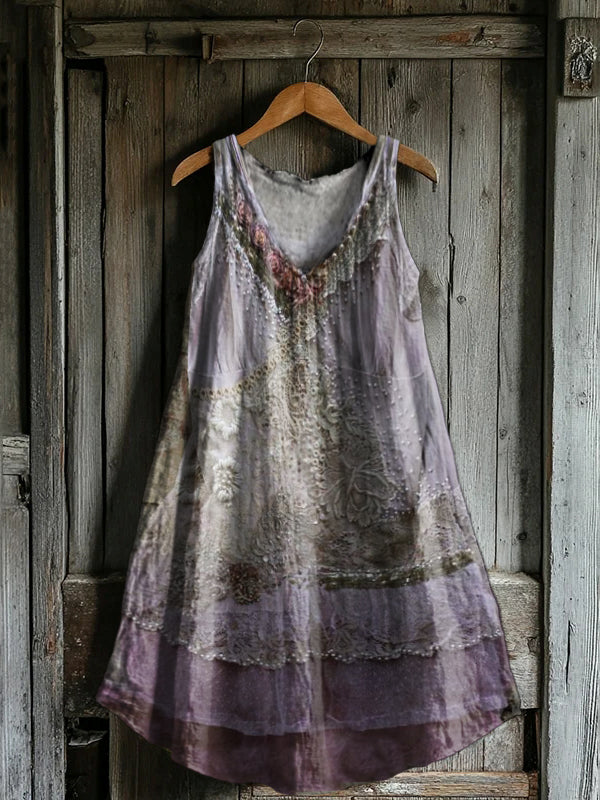 Women's Floral Patchwork Pattern Art Print V-Neck Pocket Cotton Dress