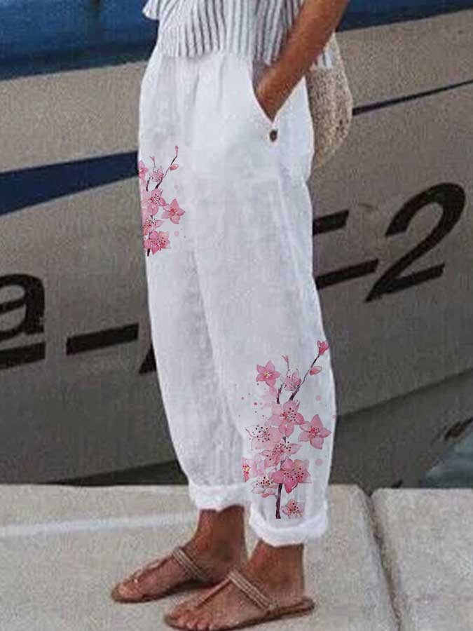 Casual Simple Floral Cotton And Linen Printed Casual Pants