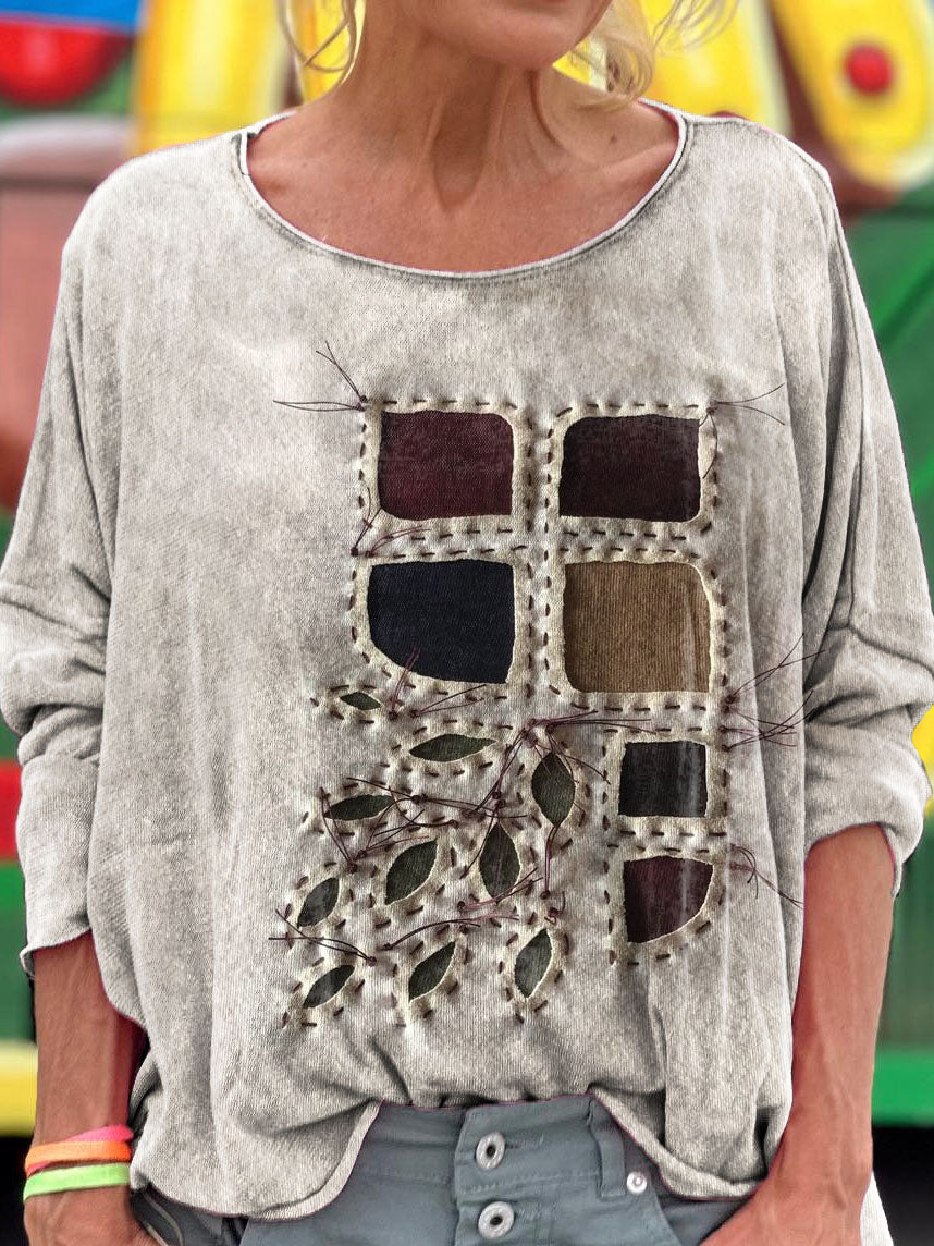 Women's Vintage Ethnic Patchwork Art Print Casual Long Sleeve Top