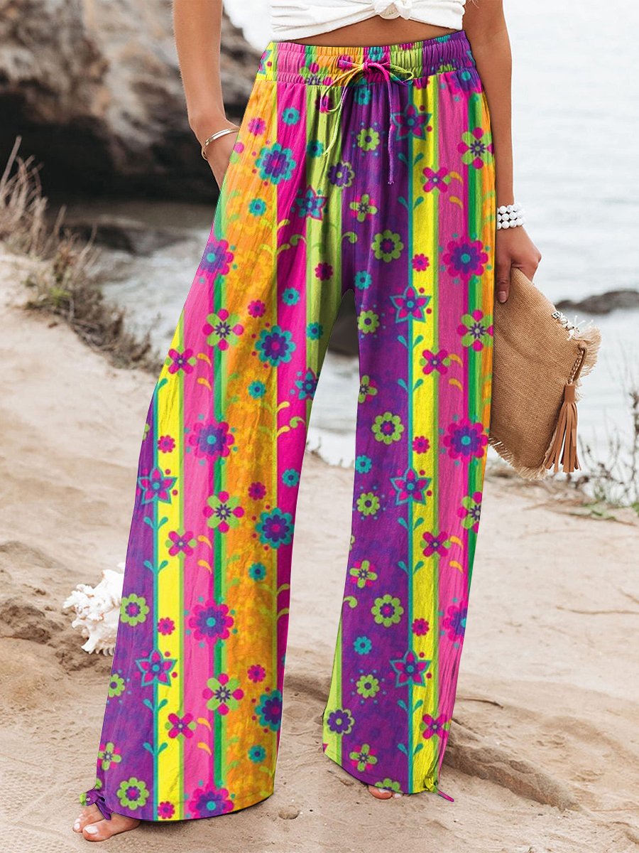 Women's Colorful Striped Floral Print Cotton And Linen Casual Pants