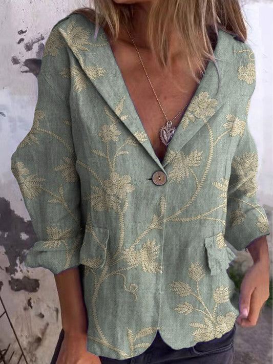 Women's Vintage Floral Art Print Casual Linen And Cotton Pocket Coat