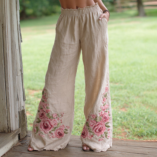 Women's Retro Bohemian Style Pink Rose Art Casual Linen Pants elevenforest