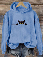 Women's Casual Funny Black Cat Print Hoodie elevenforest