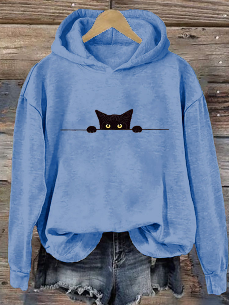 Women's Casual Funny Black Cat Print Hoodie elevenforest