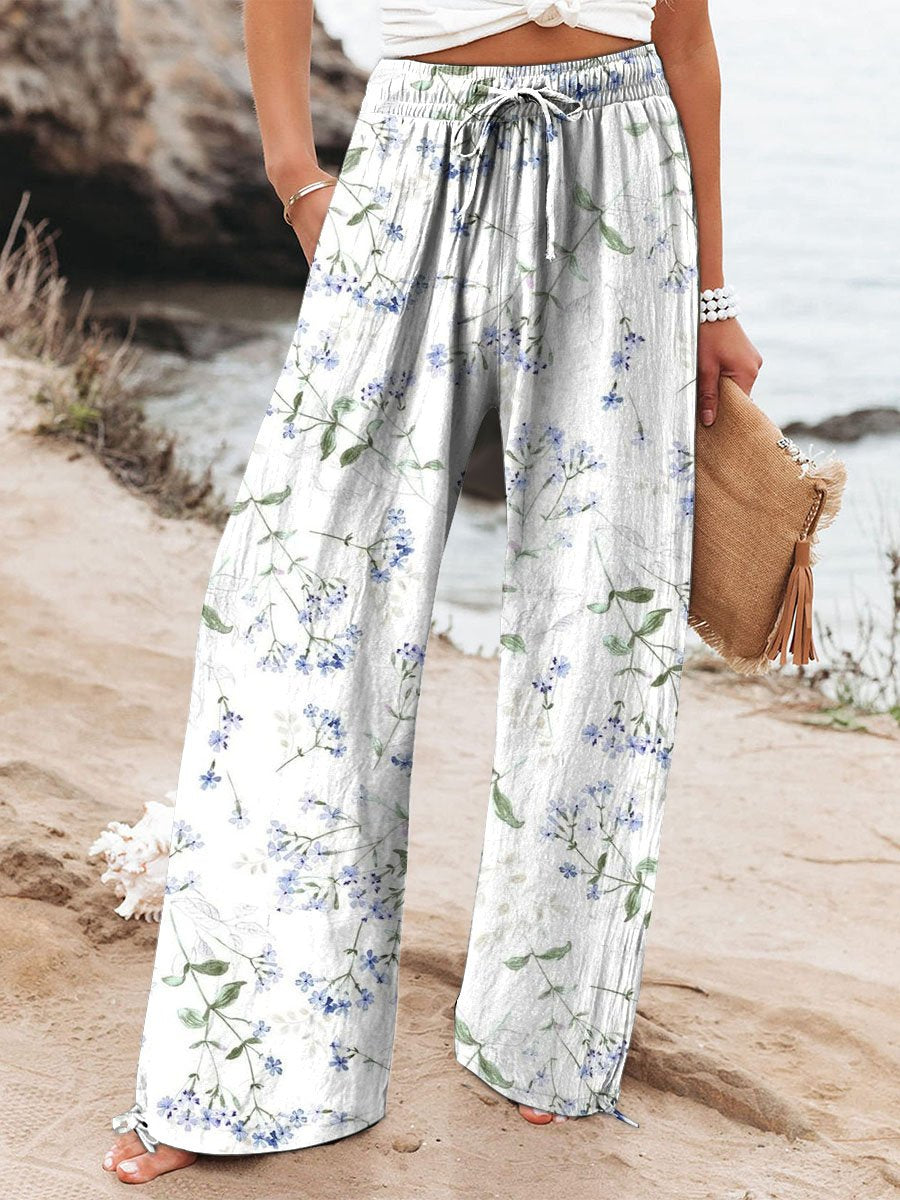 Women's Blue Floral Print On White Background Print Cotton And Linen Casual Pants