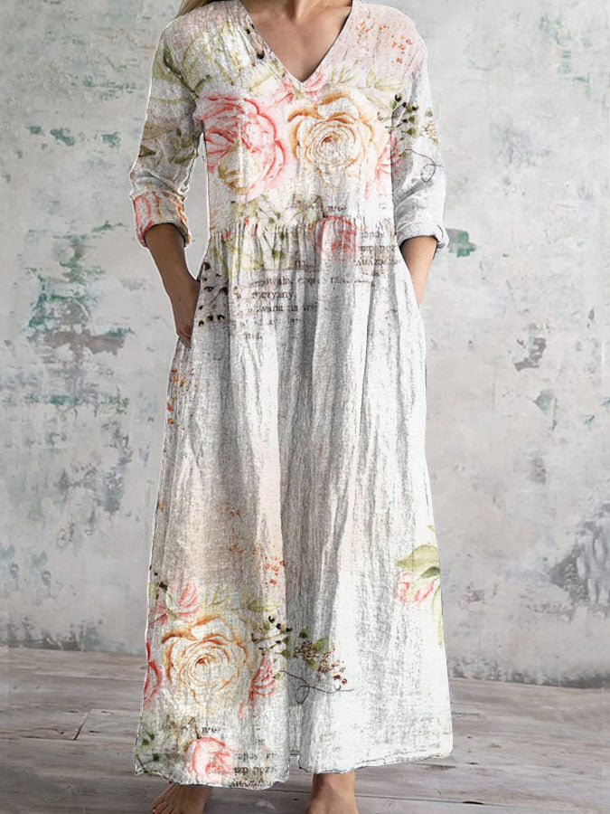 Vintage Floral Art Print Casual Blend Dress