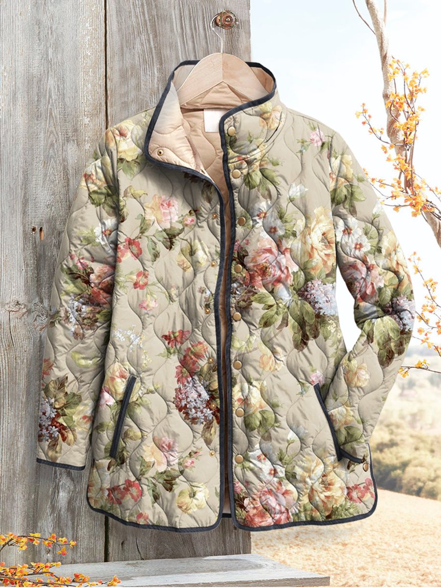 Women's Retro Fresh Flowers Print Casual Quilted Cardigan