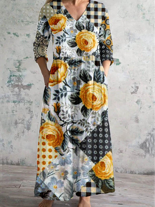 Women's V-Neck Vintage Geometric Floral Print Dress With Pockets