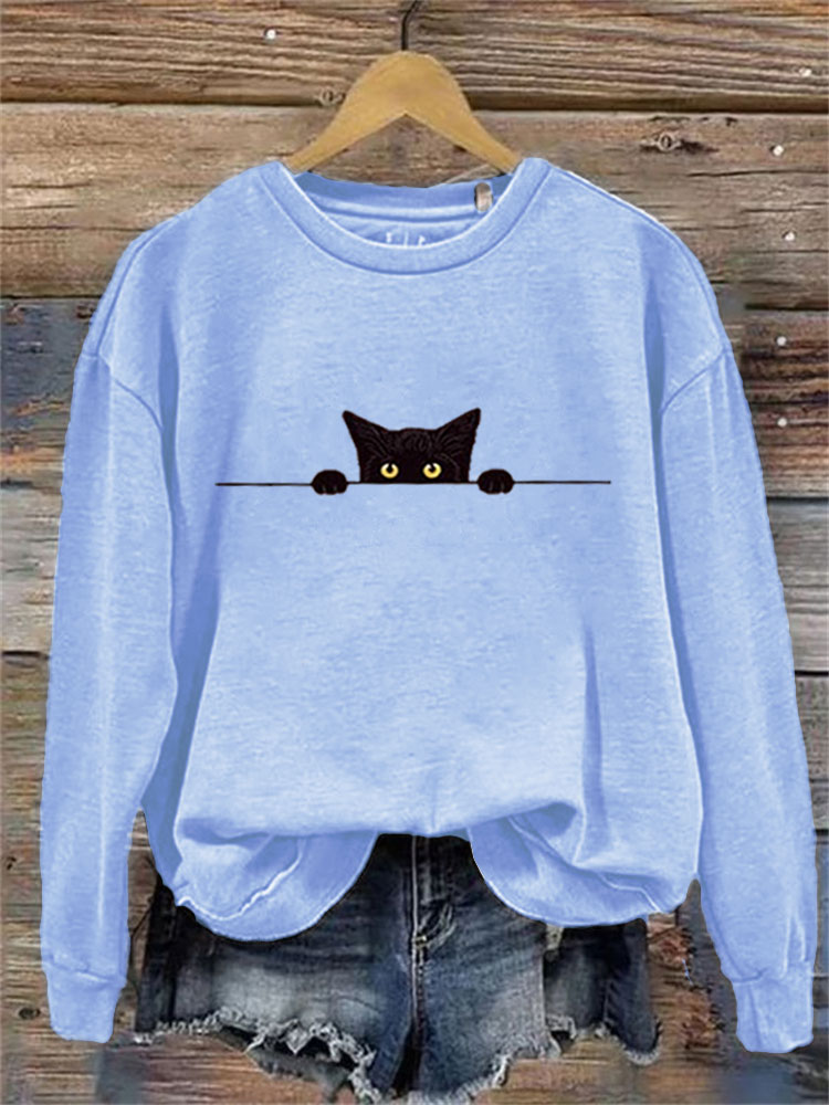 Women's Casual Funny Black Cat Print Sweatshirt elevenforest