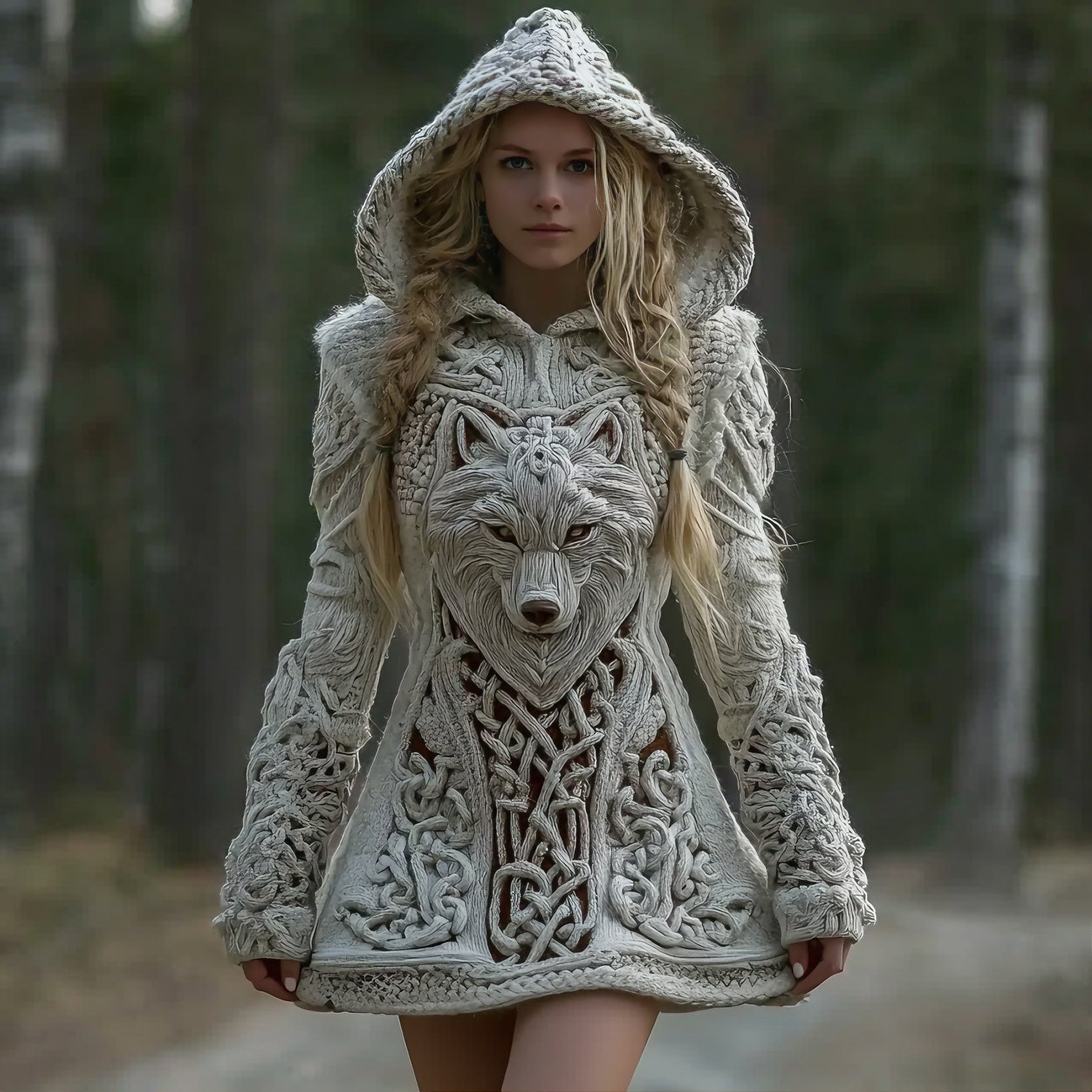 Women's Viking Celtic Wolf Art Cozy Knit Mini Hooded Sweater Dress elevenforest