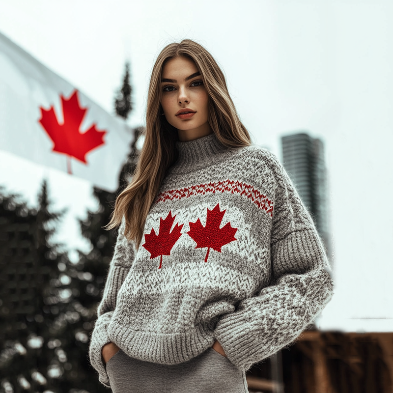 Women's Canada Maple Leaf Pattern High Collar Cozy Knit Sweater elevenforest