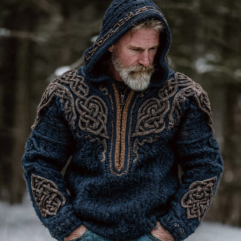 Men's Vintage Viking Celtic Knot Art Knit Zip Hooded Sweater elevenforest
