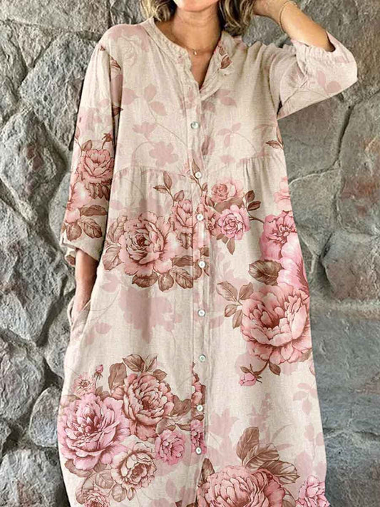 Women's Elegant Vintage Rose Floral Shirt Style Cotton and Linen Dress
