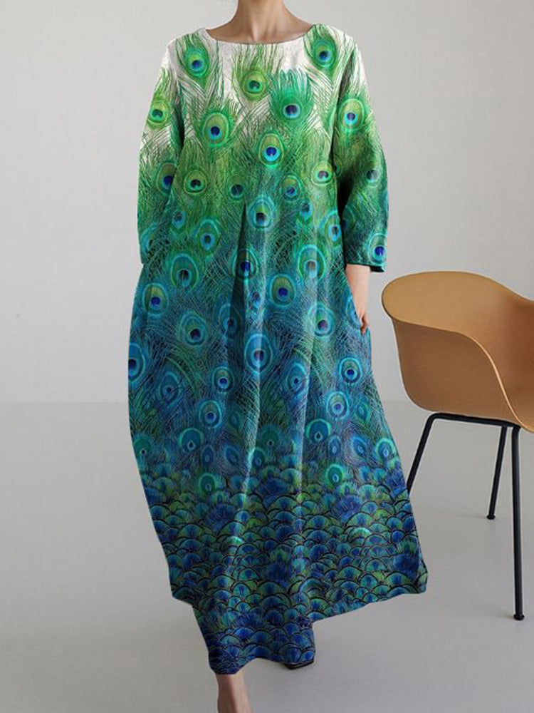 Japanese Gorgeous Peacock Feather Art Vintage Long Sleeve Midi Dress